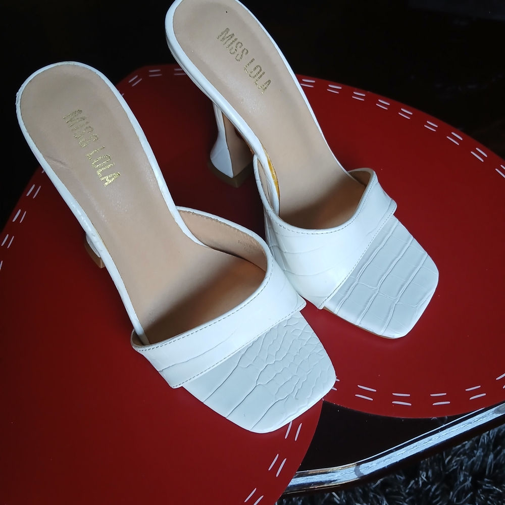 Miss Lola White Croc-Pattern Mules